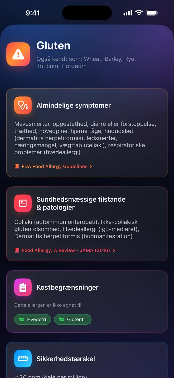 Allergendetaljer — Symptomer, kilder og referencer