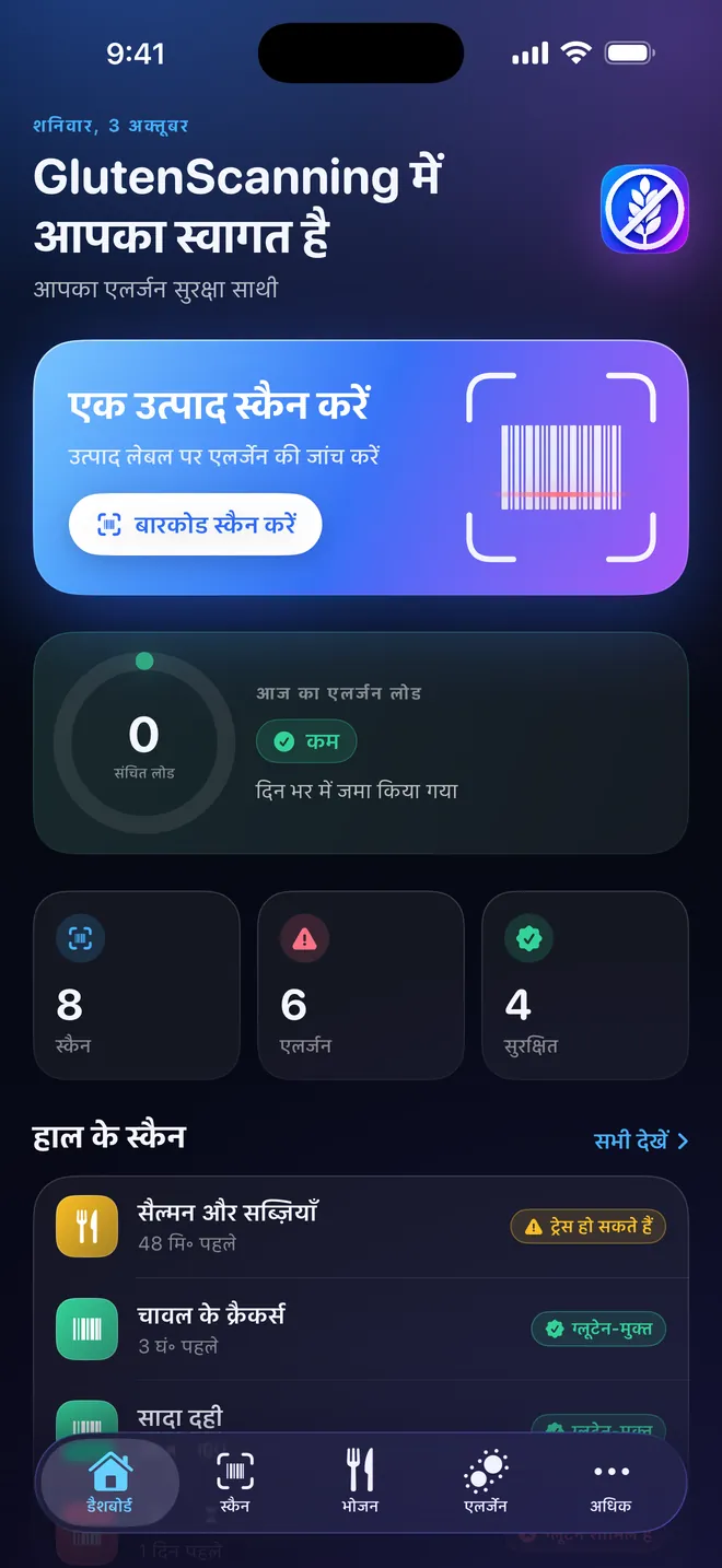 डैशबोर्ड — आपका एलर्जन भार, दिन-प्रतिदिन