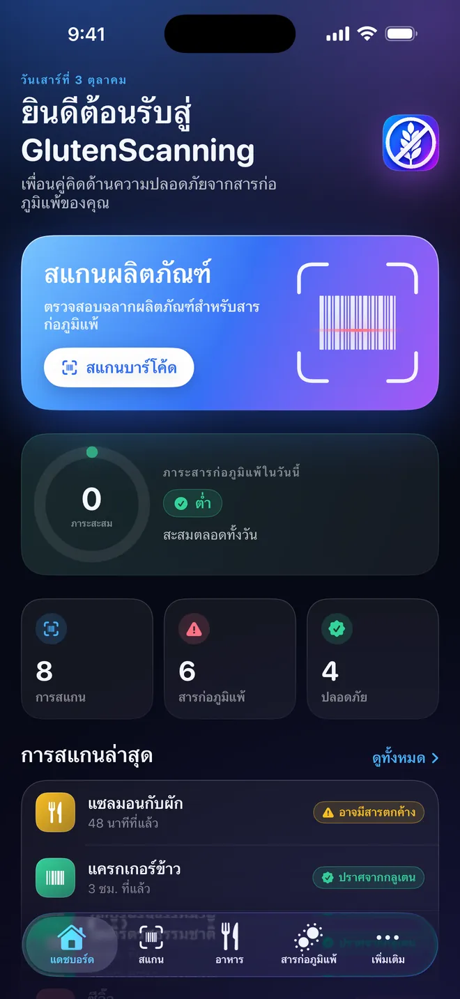 แดชบอร์ด — ภาระสารก่อภูมิแพ้ของคุณ วันต่อวัน